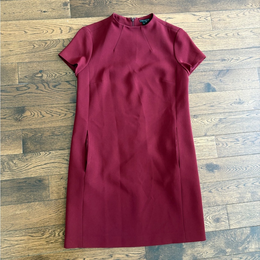 Theory Burgundy Short Sleeve Shift Dress Size 0 USA Made - Picture 3 of 11